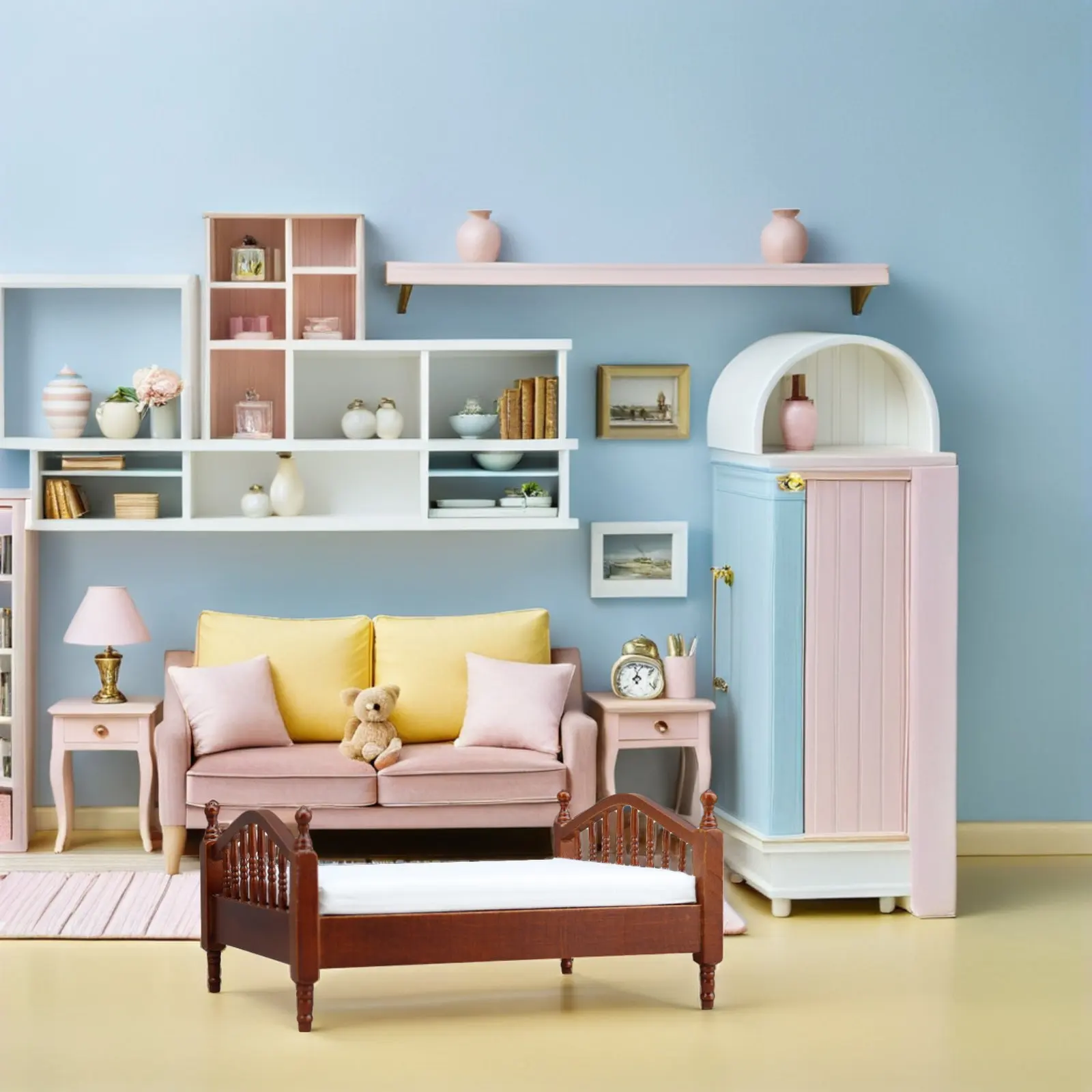 

Миниатюрная винтажная деревянная кровать с белым постельным бельем, мини-двуспальная кровать, элегантная ретро-мебель для спальни, аксессуары для кукольного домика, для ролевых игр