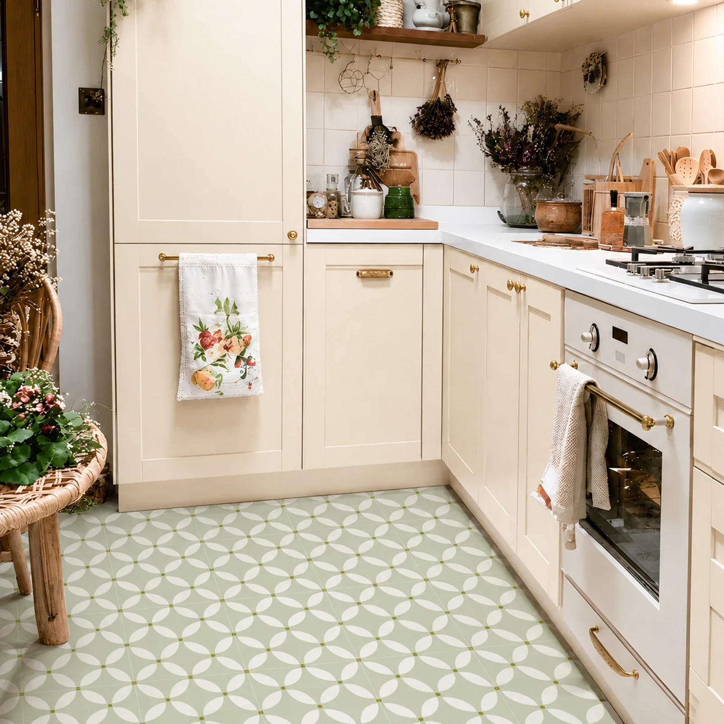 Nordic Tile Stickers, Green Geometric Peel and Stick Backsplash Tiles, Self Adhesive Waterproof Floor Decals for Kitchen
