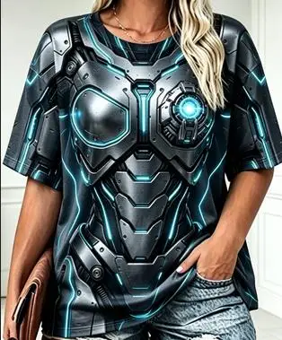Women Crew Neck Short Sleeve T‑shirt Sci‑Fi Robot Armor 3D Visual Effect Cyan Neon Line Mechanical Cosplay Print Casual Tops