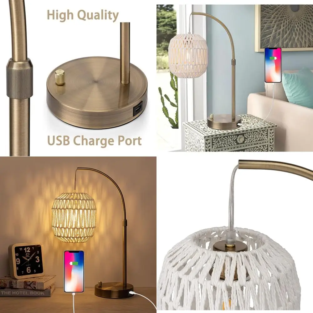

Настольная лампа из золотого ротанга с USB-портом для спальни, прикроватная тумбочка в стиле бохо для домашнего офиса и гостиной, золотисто-белый деко