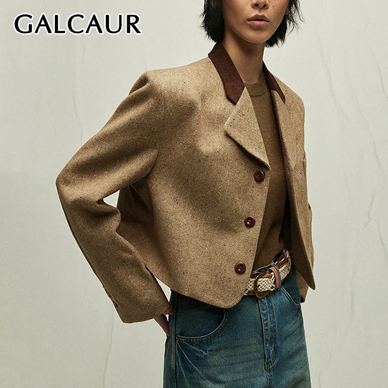 

GALCAUR Vintage Patchwork Pocket Jacket For Women Lapel Long Sleeve Spliced Single Breasted Retro Short Blazer Female Autumn New