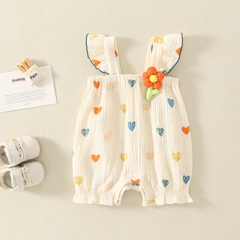 

ZOETOPKID Infant Summer Outfit Baby Girls Jumpsuit Thin Strap Bodysuit Heart Print Rompers Flutter Sleeve Newborn Clothes