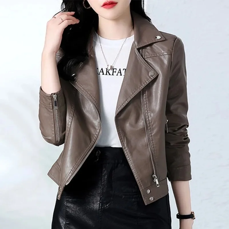 Women Fashion Short PU Leather Coat Autumn Ladies High End Faux Leather Outwear Korean Female Large Size 4XL Leather Jacket