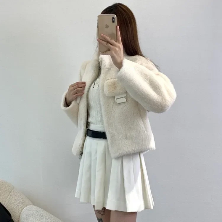 Girl style gentle and sweet imitation mink plush warm standing collar short jacket cardigan coat