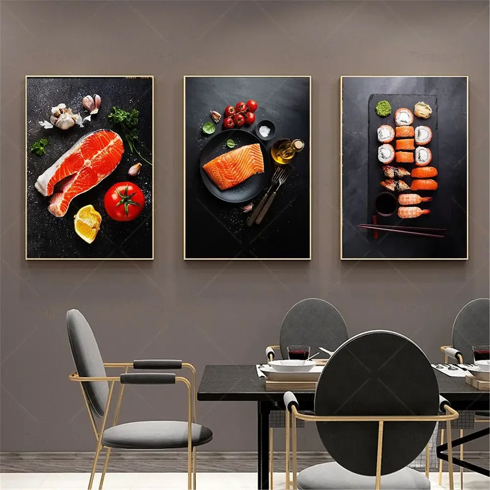 Frameless Canvas PaintingRaw Fish Cheese Sushi Spices Foods Canvas Painting Prints Scandinavian Poster Wall Art Picture For Rest