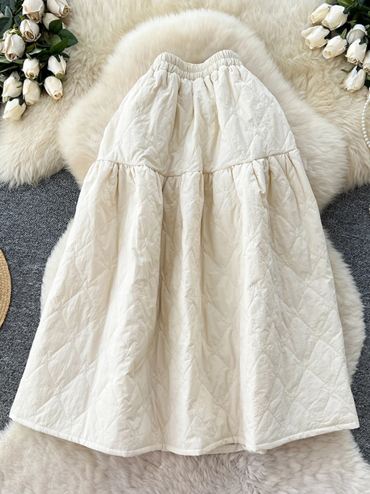 Otoño Invierno artístico versátil Simple algodón empalme medio cuerpo falda mujer coreana alta cintura A-line falda grande Swing S382