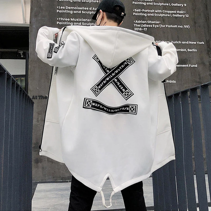 

Autumn Men Windbreaker Jacket Black White Fashion Hip Hop Streetwear Long Overcoat Punk Gothic Hooded Trench Coat Men Clothes