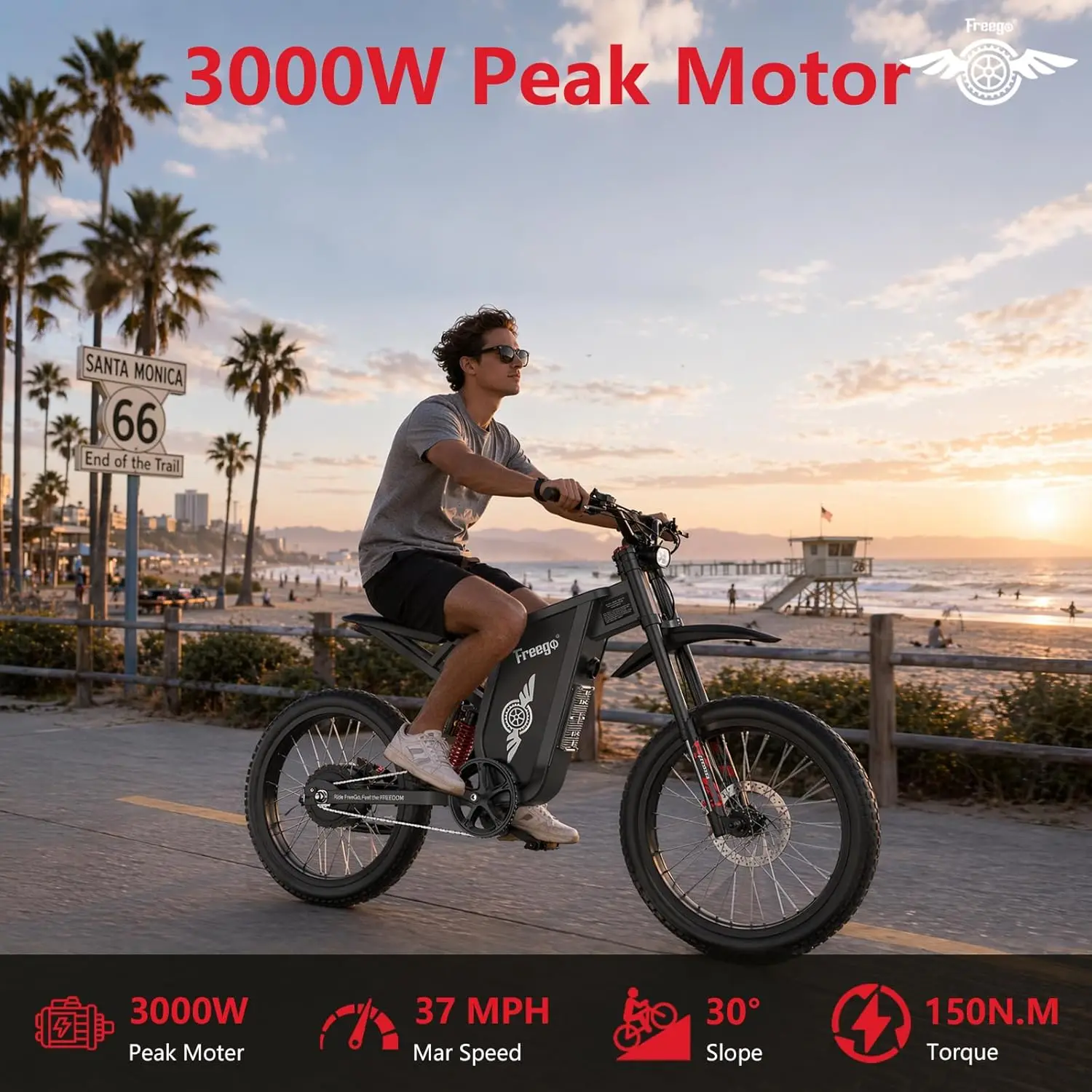 

Freego X1 3000W Electric Dirt Bike Electric Motorcycle 60V/25Ah Battery 150N·m Max Torque Max 37MPH Off Road Electric Bicycle