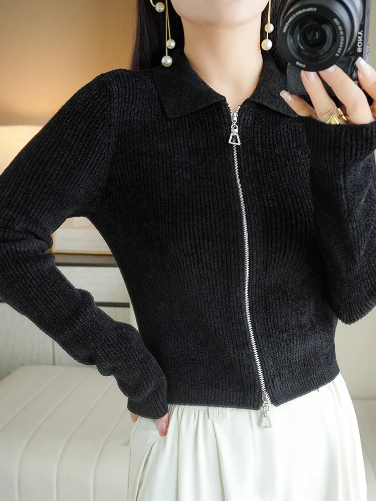 Women Autumn Winter Soft Wool Sweater Polo Collar Thicken Knitted Double Zipper Cardigan Basis ​Short Top Wool  Female Coat