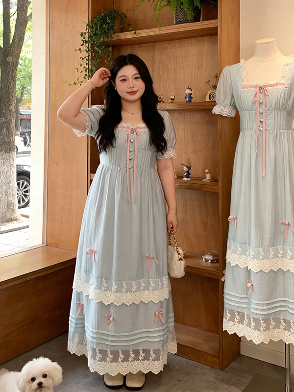 

Новое летнее платье больших размеров с кружевной отделкой, квадратным вырезом, короткими рукавами, завязками, высокой талией, А-силуэта, для чаепития