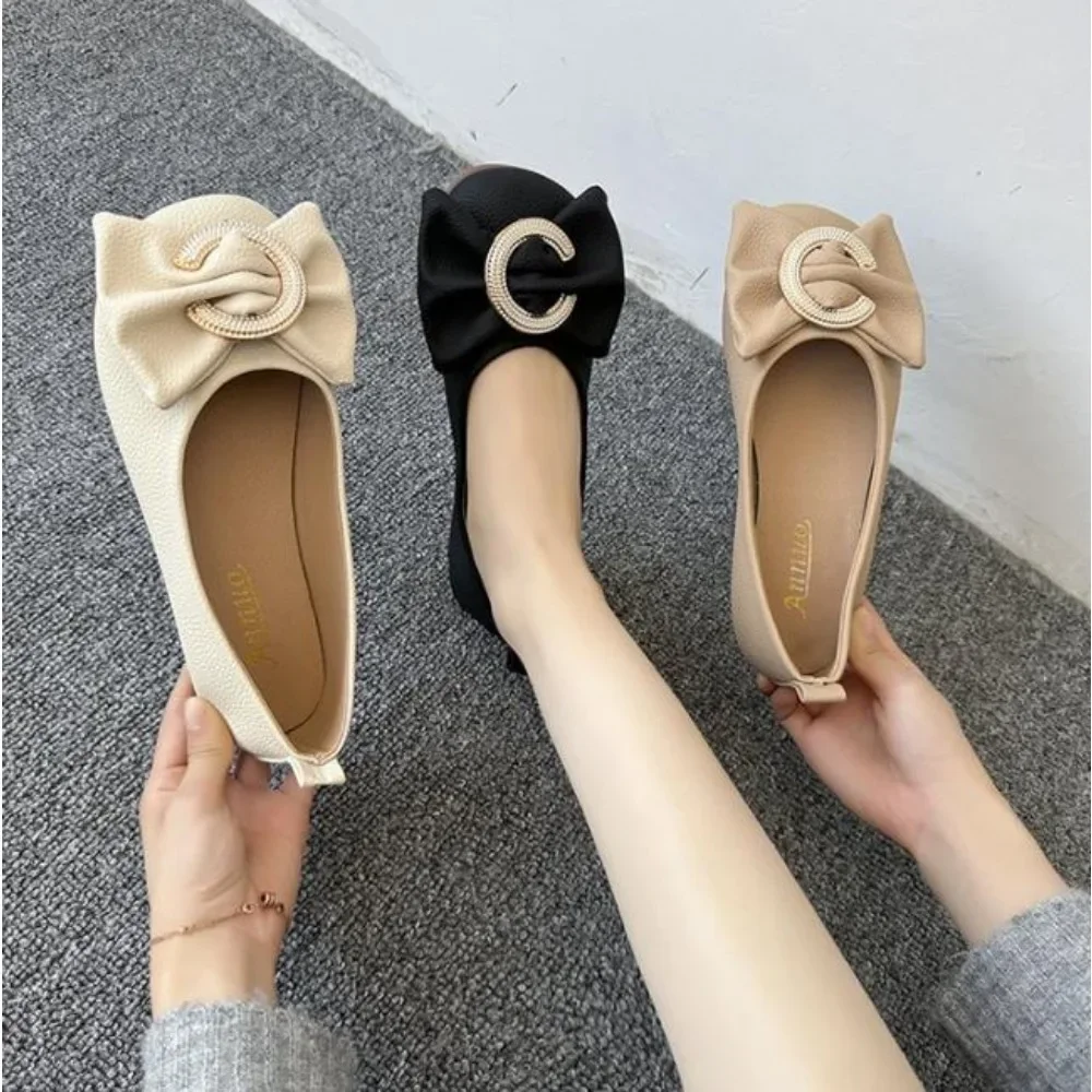 

New Elegant Leather Spring Autumn Handmade Flats Ballerina Shoes Women Loafers Comfortable Soft Leather Flats Shoes Plus Size 43