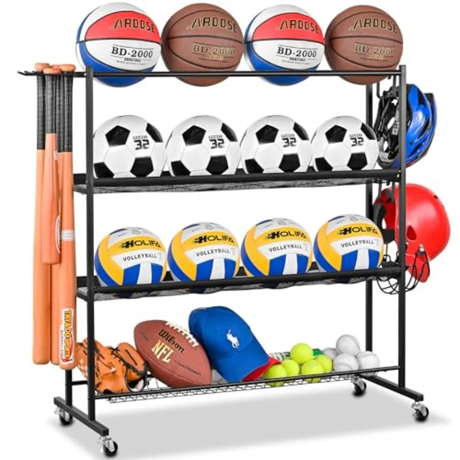 

Basketball Rack Ball Storage with Baseball Bat Holder Rolling Ball rack with Removable Nylon Mesh for Various Ball Sizes Basket