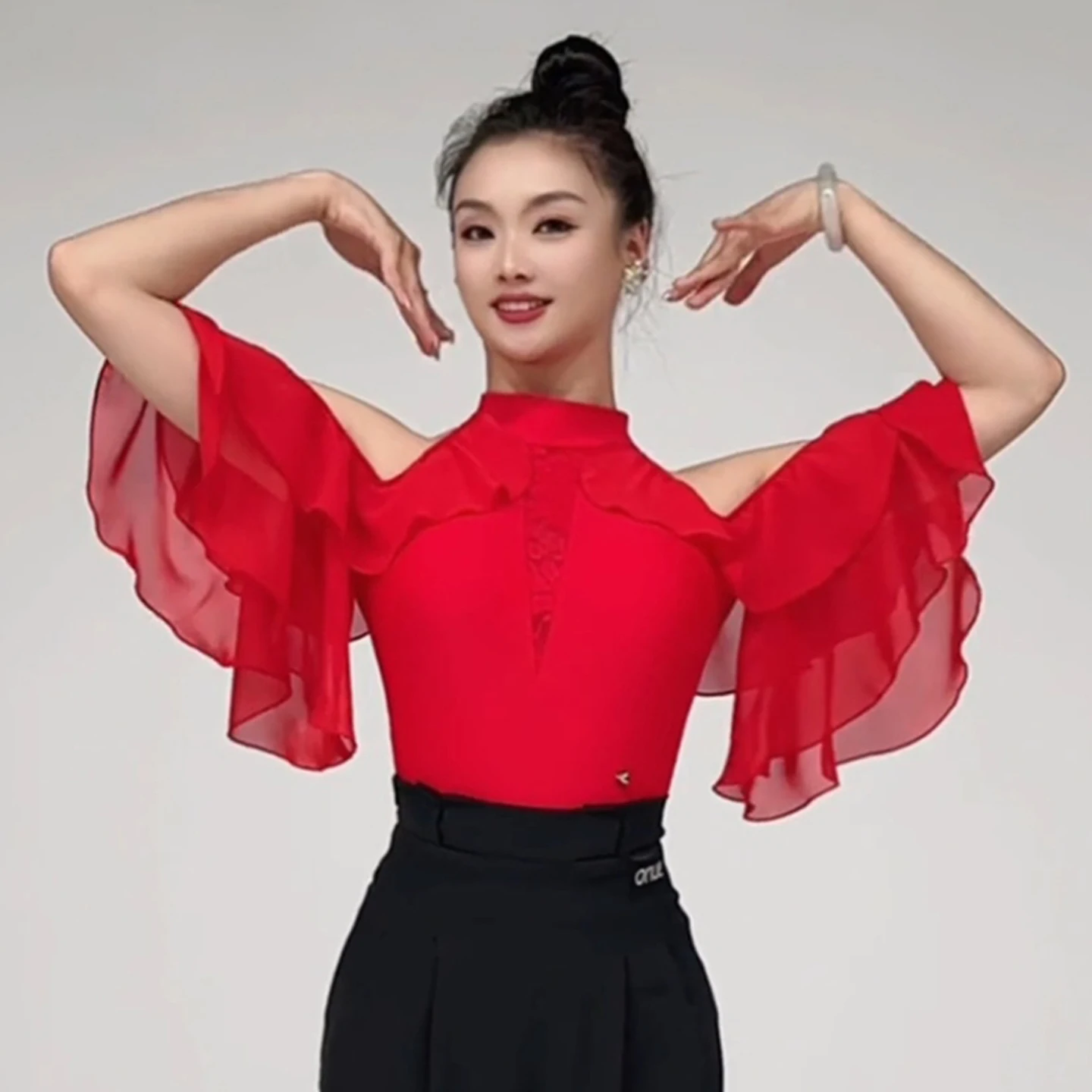 Latin Ballroom Dance Clothes Black Red Lace Tops Straight Trousers Ladies Waltz Dance Practice Clothing Performance Wear BL16456
