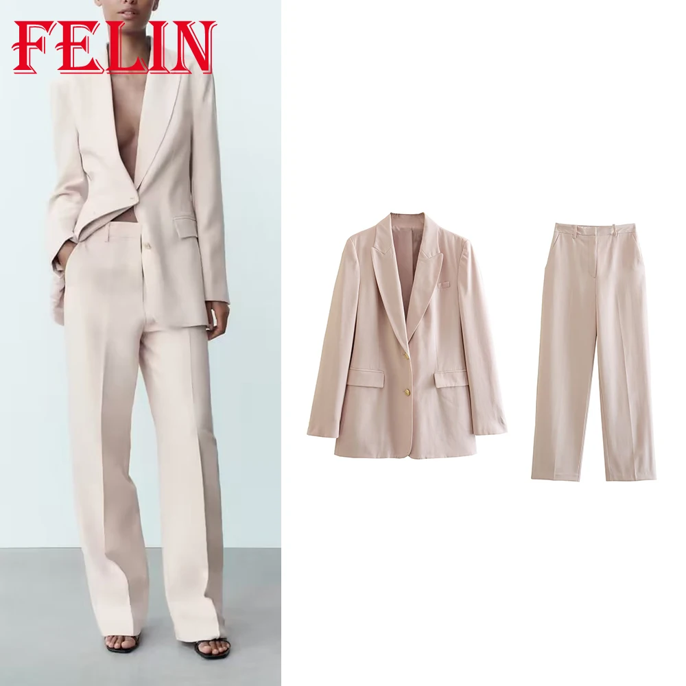 TRAF 2023 Office Lady Spring Women Solid Suit Loose Fit monopetto Blazer + pantaloni lunghi a vita alta a gamba larga Set femminile di moda