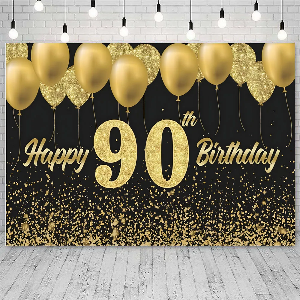 Pano de fundo feliz 90 anos, banner para mesa de festa, balão preto e dourado, fundo confete para mulheres e homens, 90 anos