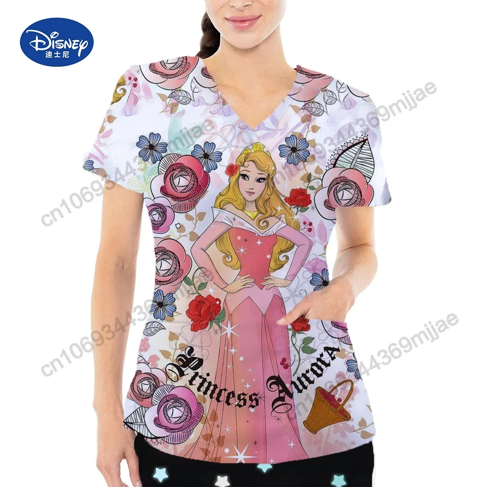 New Cartoon Women's T-shirts Pocket Women's Tops V-neck Short Sleeves T-shirts