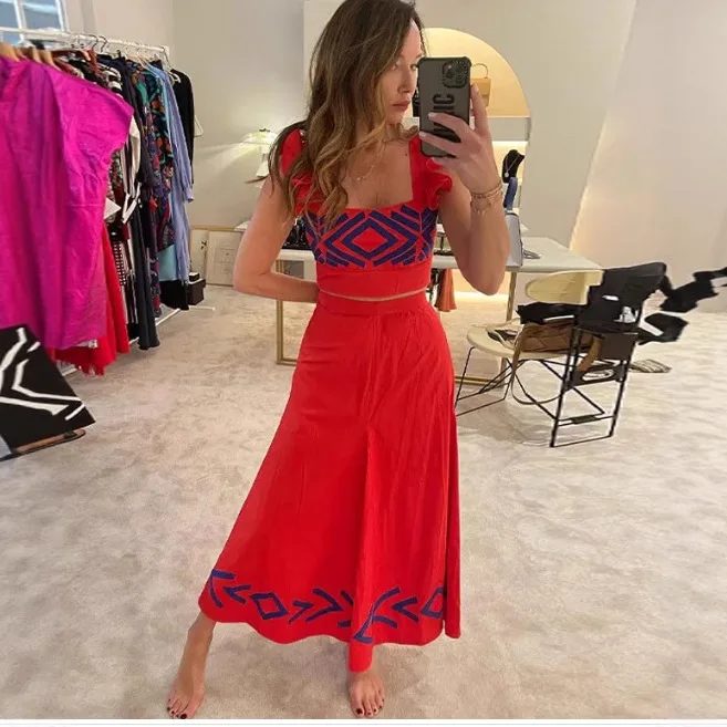 

Geometry Print Skirt Two Piece Set Women Fly Sleeve Crop Top A-line Long Skirts 2 Piece Sets Fashion Casual Vacation Clothing