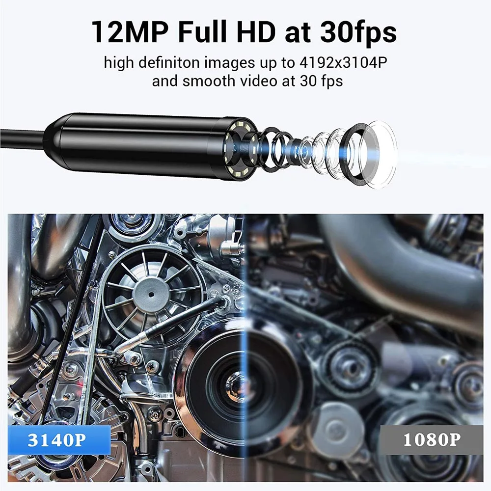 Auto Focus Wireless Drain Camera with Flashlight 12MP 3104P Waterproof 5G Wi-Fi Endoscope Inspection Bore Scope Cam PQ316