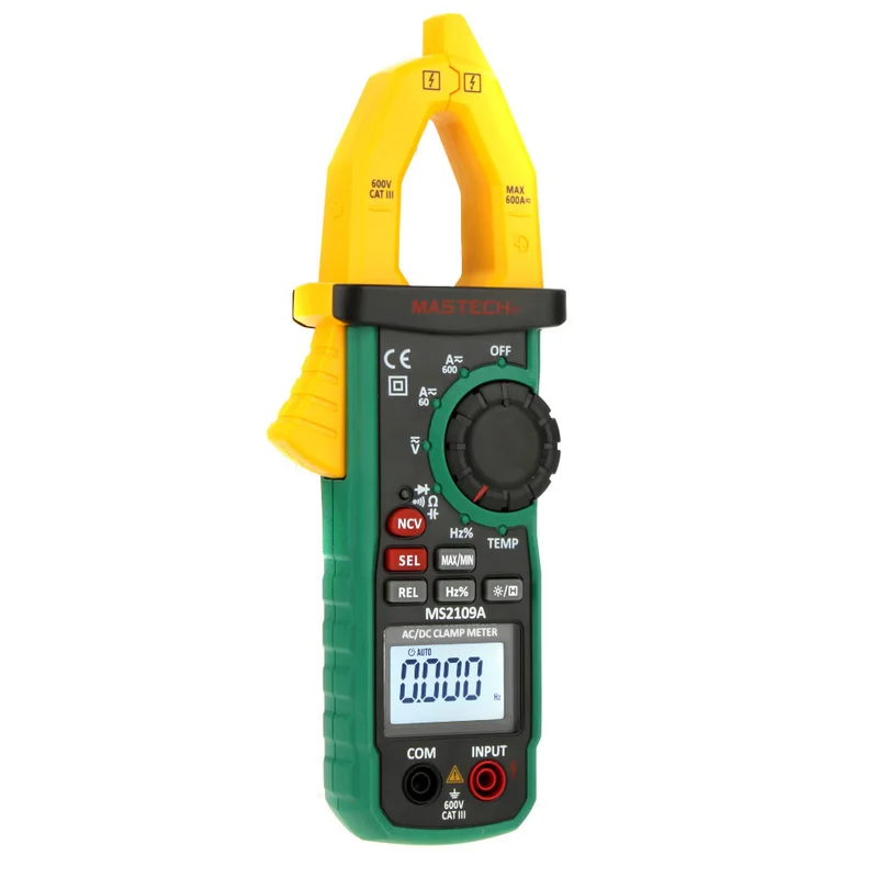 Mastech MS2109A True RMS Auto Range Digital AC DC Clamp Meter 600A Multimeter Volt Amp Ohm HZ Temp Capacitance Tester NCV Test