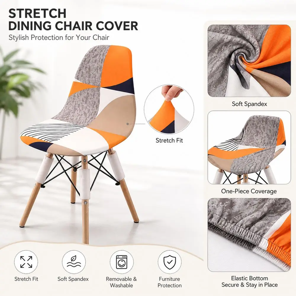 Stretch Fabric Shell Chair Cover Printed Pattern One-Piece Structure Dining Chair Cover Modern Style Full Coverage