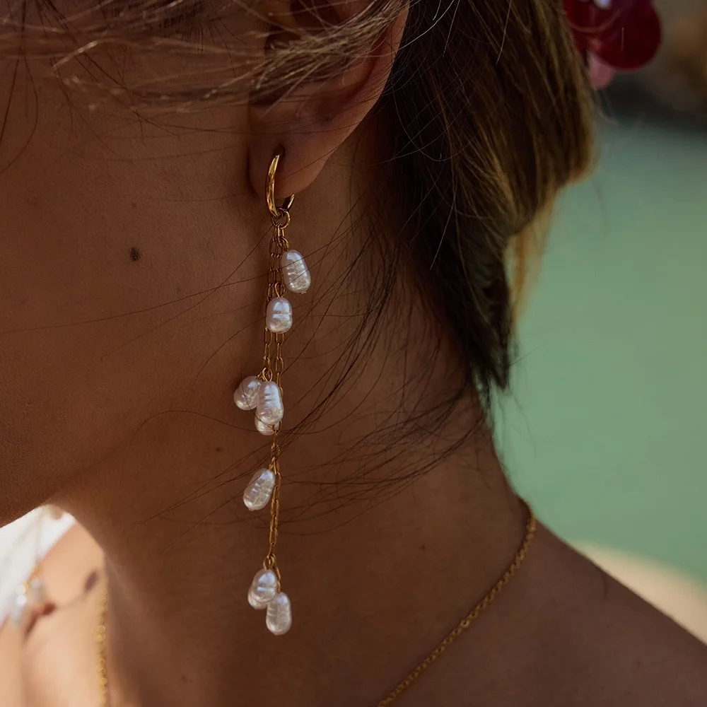 

ENFASHION Imitation Pearl Long Earrings For Women Aretes De Mujer Stainless Steel Pendientes 18K Gold Plated Jewelry E251741