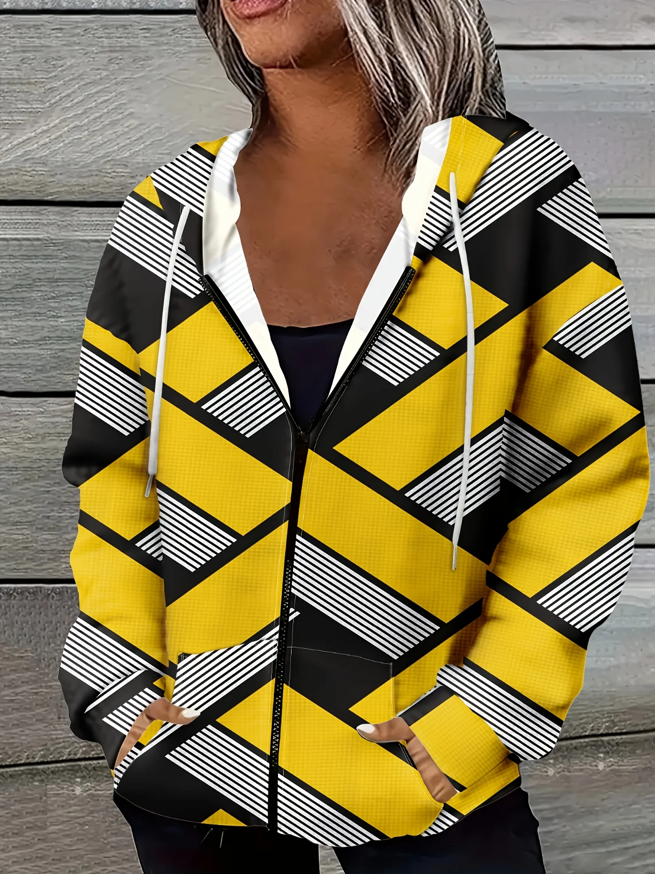Damen-Kapuzenpullover mit geometrischem Karomuster in Gelb und Schwarz – Lässiges, langärmliges Kapuzen-Sweatshirt aus Waffelstrick