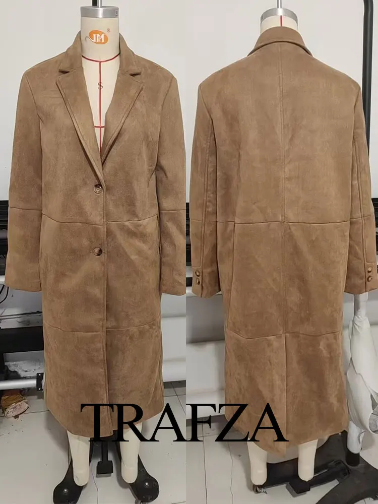 

TRAFZA винтажное длинное пальто для женщин, осенняя мода, однотонное однобортное пальто с длинными рукавами и лацканами, женская зимняя повседневная верхняя одежда