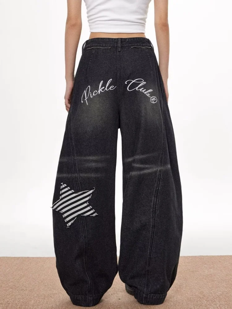 2025 American Retro Y2K Fashion Star Ricamo Vintage Pantaloni jeans larghi neri per abbigliamento donna Pantaloni da donna di lusso a gamba larga