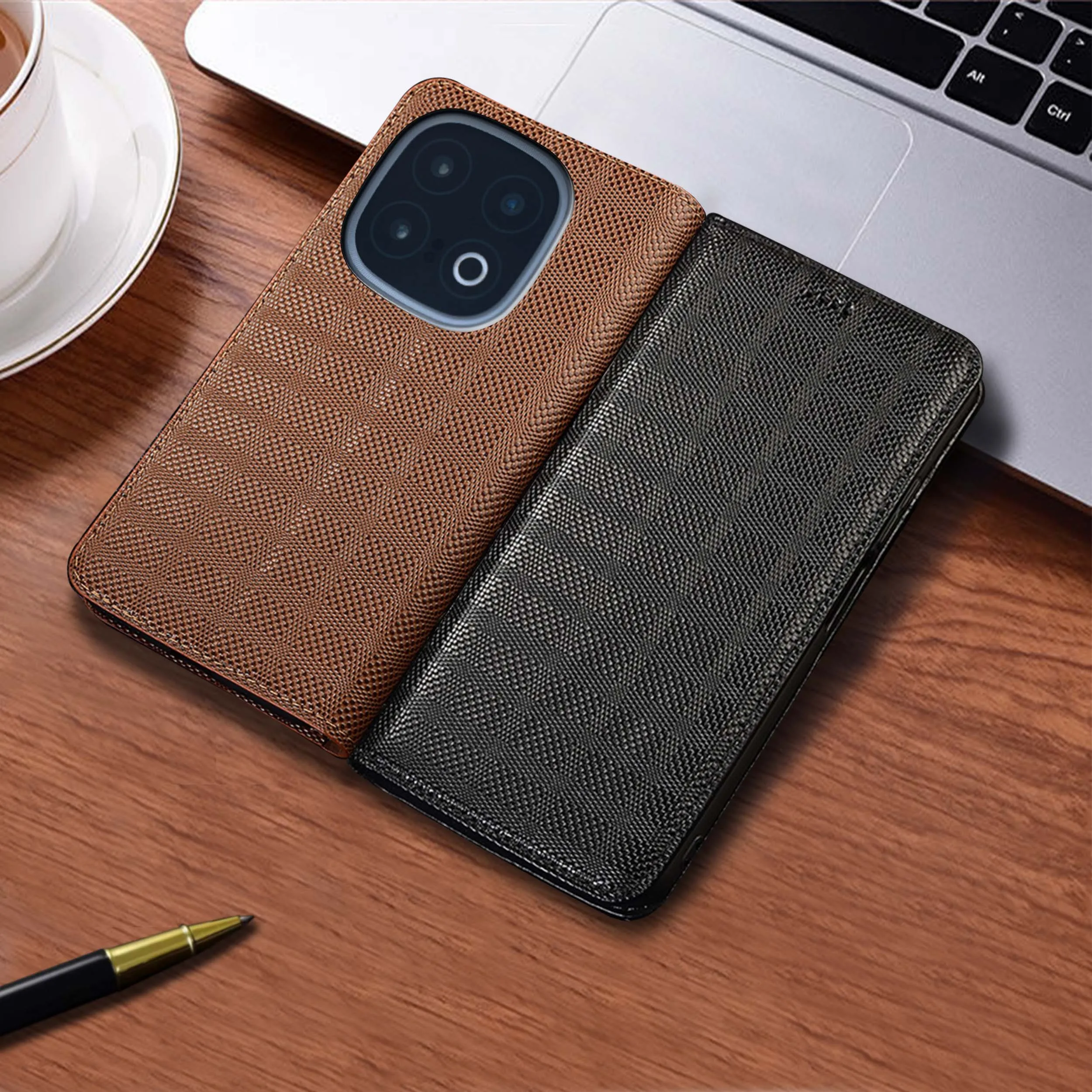 

For Vivo iQOO 3 5 7 8 9 10 11 11S 12 13 Pro Crosshatch Pattern Genuine Leather Wallet Flip Phone CoverCase Cowhide Scratch-Proof