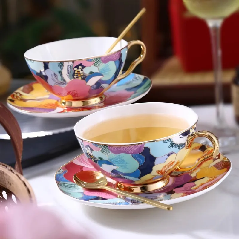 Colorful Floral Ceramic Coffee Cup & Saucer, Gold Trim Teacup with Vibrant Flower Print for Afternoon TeaColorful Floral Ceramic