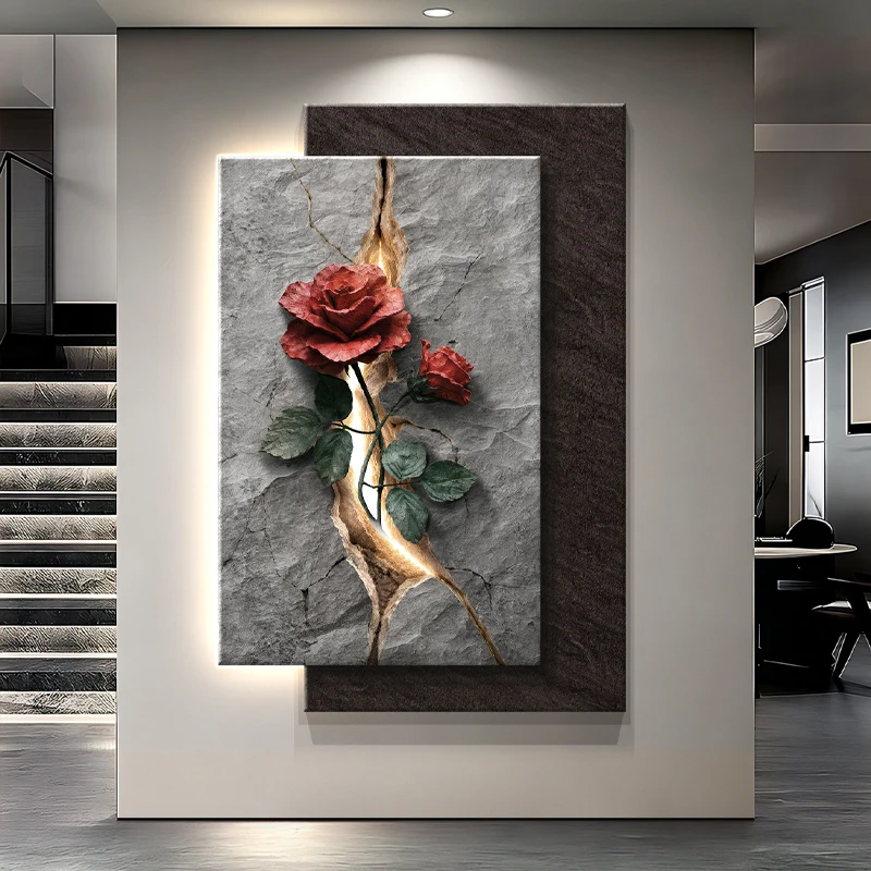 Modern Minimalist Entranceway Atmosphere Light Decorative Painting Entranceway Directly Opposite the Door Rose Flower Hanging Pa view 3