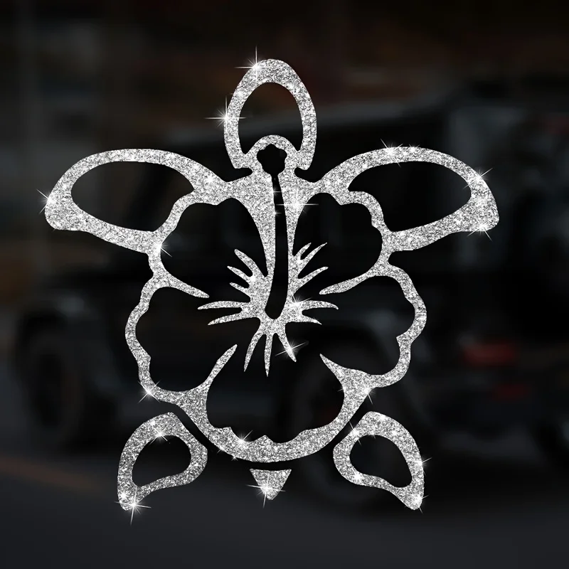 Hibiscus Flower Turtle Car Sticker, Sparkling Floral Sea Turtle Car Decal, Cartoon Window Glass Vinyl Decal, Motorcycle Sticker