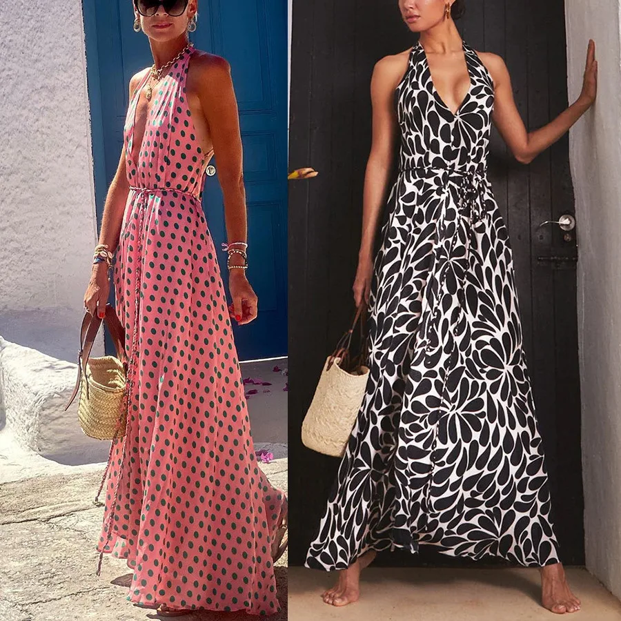 Mulheres primavera e verão novo pescoço vestido casual solto férias feminino grande vestido profundo decote em v cintura alta