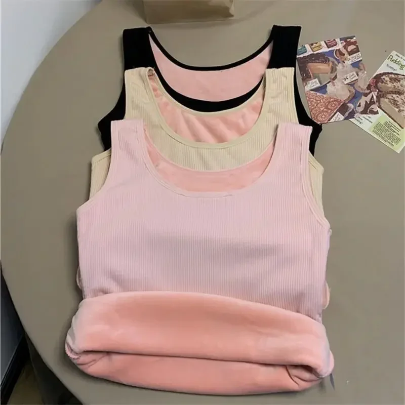 Camiseta térmica de invierno para mujer, sin costuras, con forro de terciopelo, sin mangas, chaleco cálido, camiseta interior para mujer, de color liso, lencería sexy.