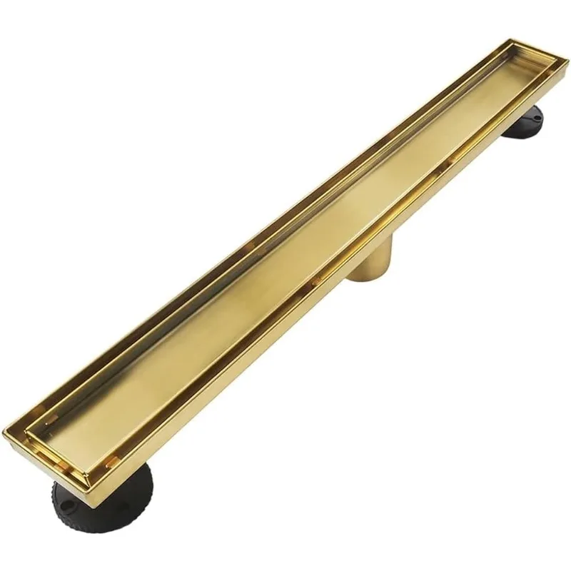 Neodrain 60-Inch Gold Linear Shower Drain, 2-in-1 Flat&Tile Insert Cover,Brushed Brass Rectangle Shower Floor Drain