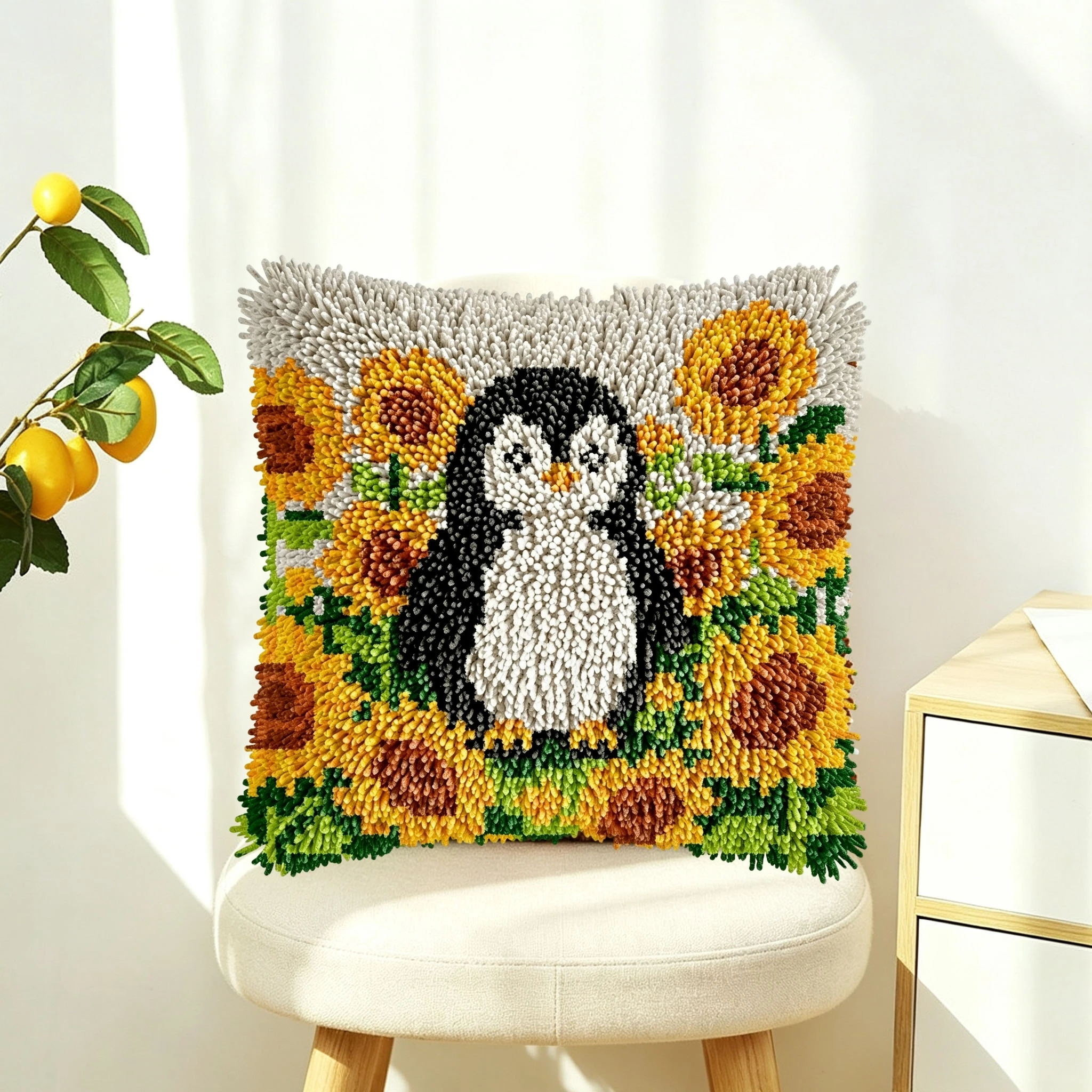 1Set Sunflower Penguin Knot Pillow Latch Hook Kit Cushion Pillowcase Set For Needlework Latch Hook Kits DIY Beginner-friendly Em
