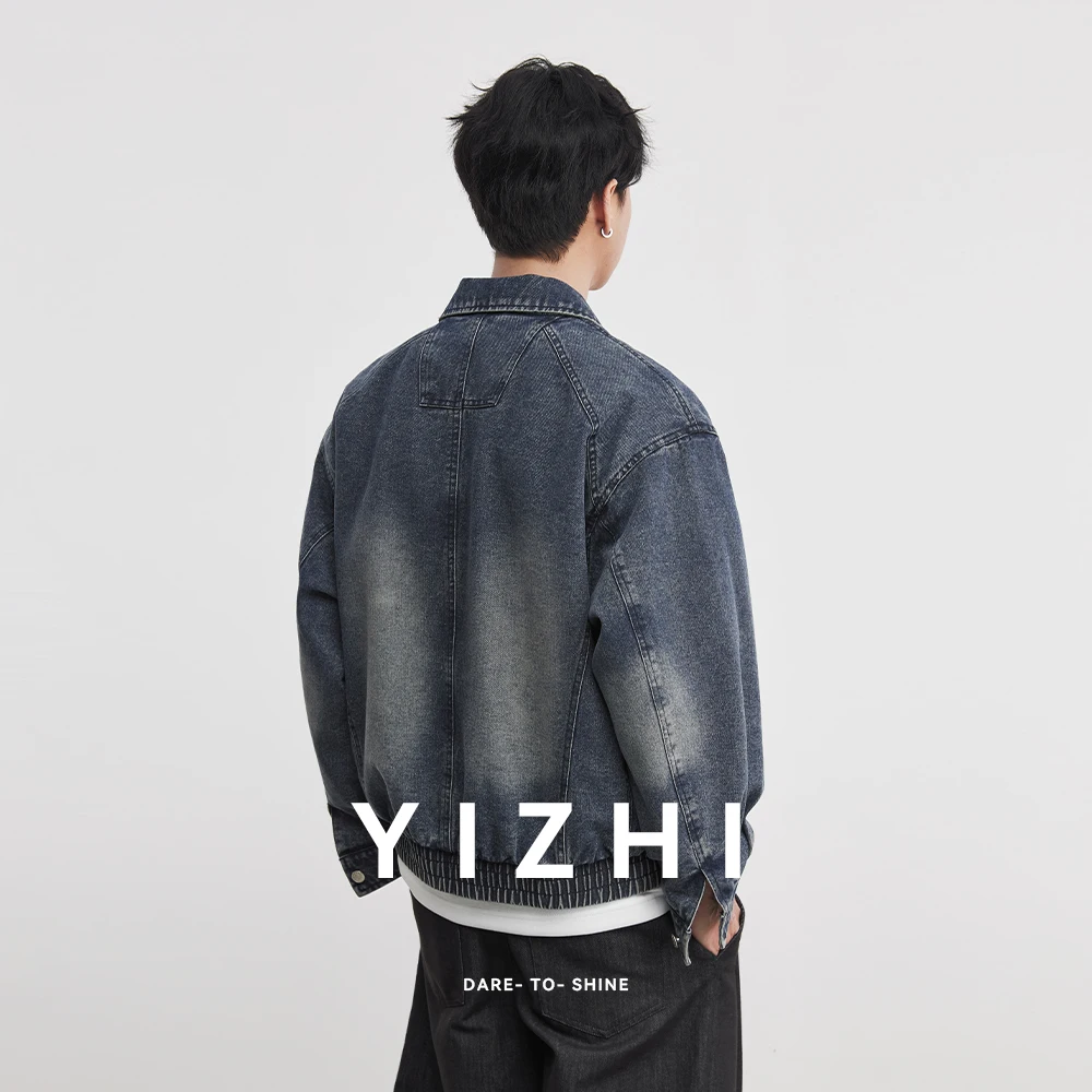 Fashion Heavy Industry Distressed Washed Jeans Jacket Men's Spring New Gradient White Drop Shoulder Workwear Pocket Top Jacket