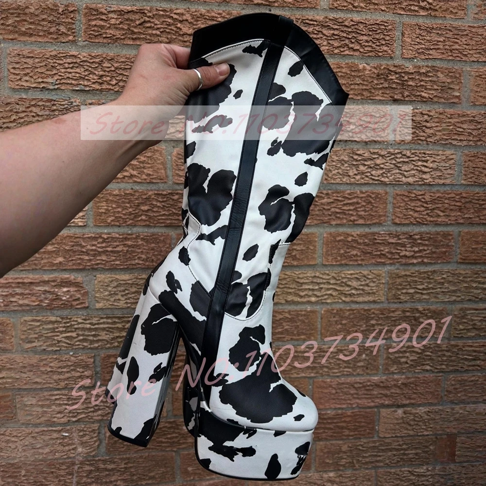 

Cow Print Suede Platform Knee Boots Women Retro Round Toe Chunky Heels Boots Cowgirl Trendy Chic Party Western Boots Big Size