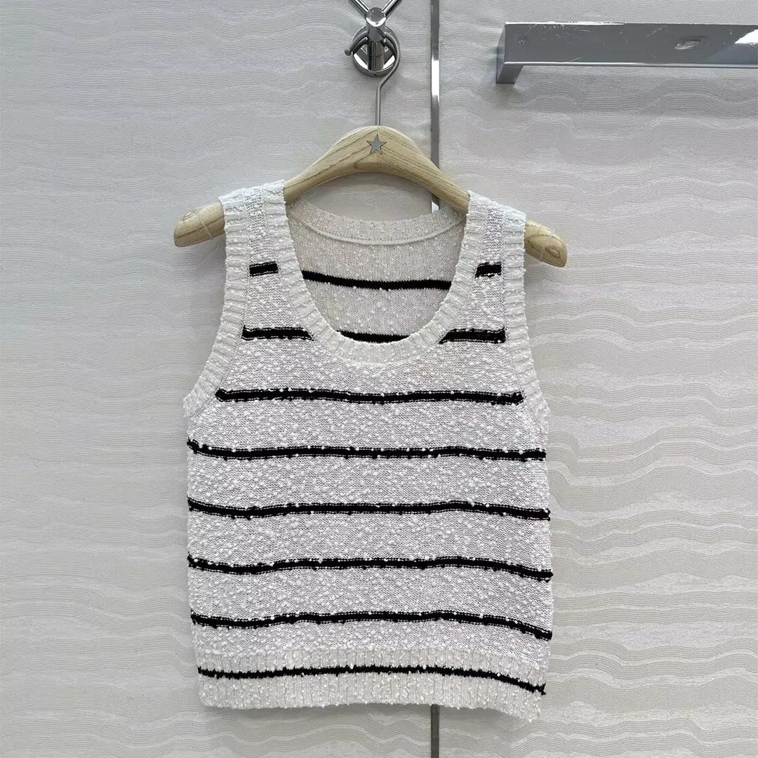 

New Autumn Sweet Stripes Pattern Knitted Tank Sweater Women O-neck Sleeveless Casual Slim Short Vest Tops