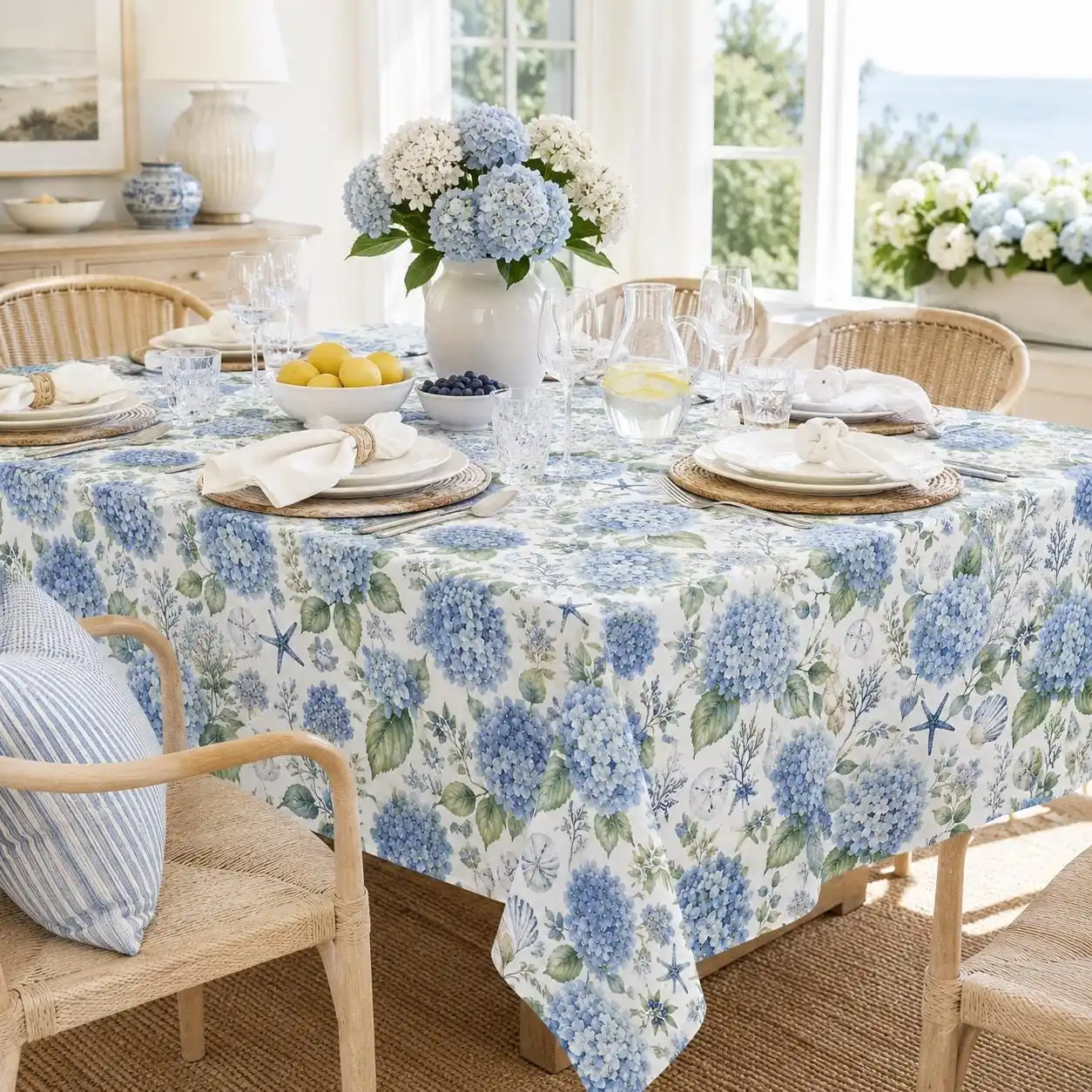 1pc 2D Flat Blue Hydrangea Floral Tablecloth, Coastal Beach House Cottagecore Home Dining Table Decor