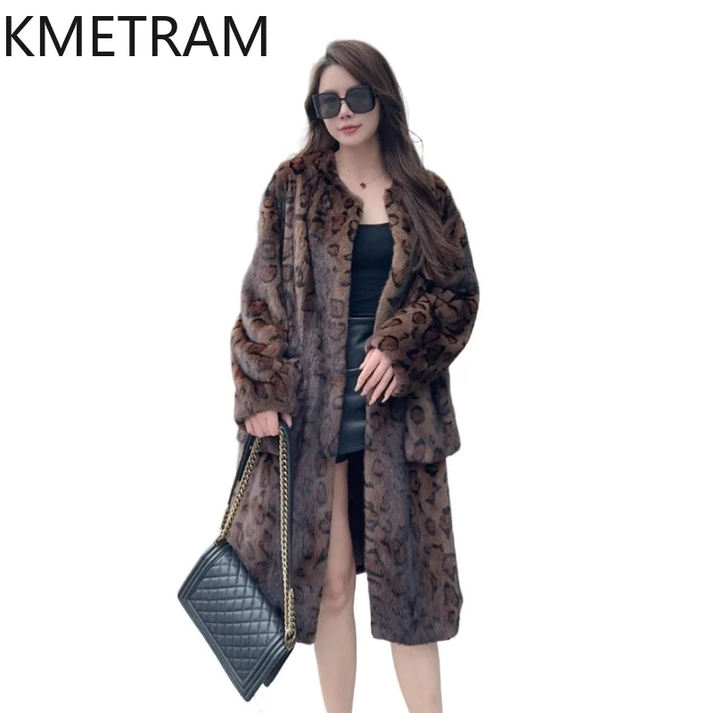KMETRAM 100% Whole Mink Fur Jacket Woman Coffee Leopard Printed Long Real Mink Fur Coat Winter Clothes for Women 2026 Fourrure