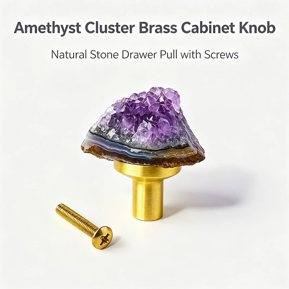 1PC Pure Brass Single Hole Drawer Pull Handle with Natural Amethyst Cluster, Energy Healing Gemstone Cabinet Door Knob, Creative