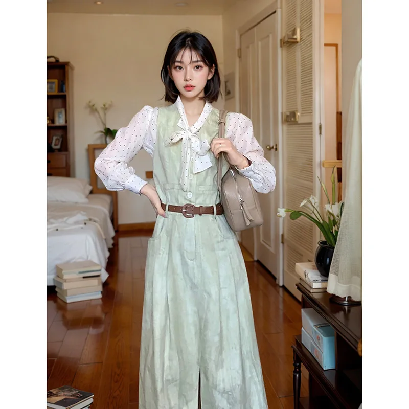 

Women's Long Pants Suit, Dot Print Shirt, Casual Suspender Trousers 2025, Office Lady Style