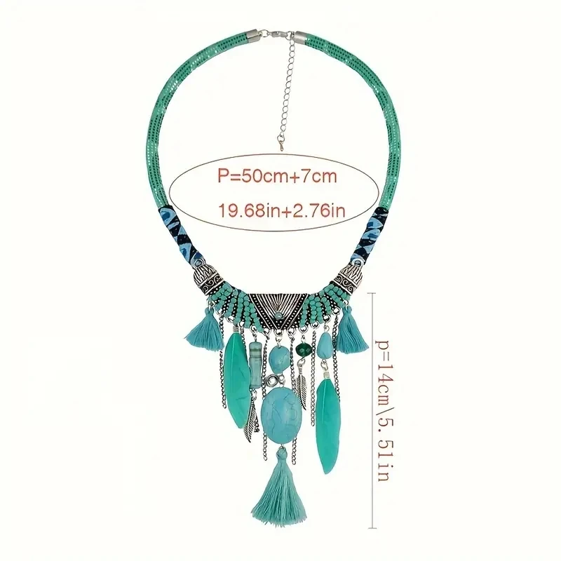 Vintage Ethnic Chic Turquoise Feather Pendant Necklace for Women Indian Tribe Bohemian Rope Necklaces Jewelry Party Accessories
