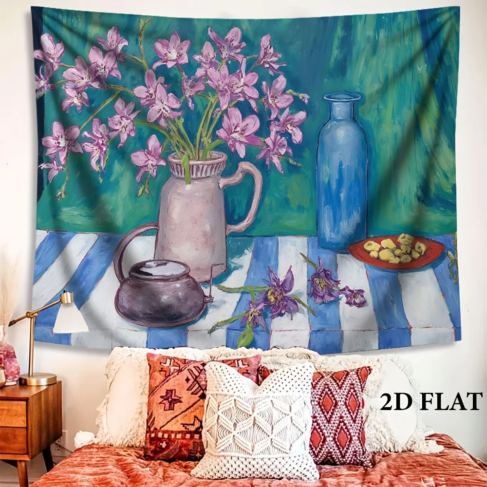 Watercolor Floral Tapestry Wall Hanging Boho Orchid Design Blue Purple Cottage Decor 150x230cm Oversized Canvas Art