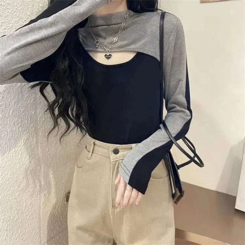 New Contrast Patchwork Hollow Out Casual T Shirts Spring Autumn Long Sleeve Slim Youth Sexy Tops Tees Fashion Y2K Women Clothing