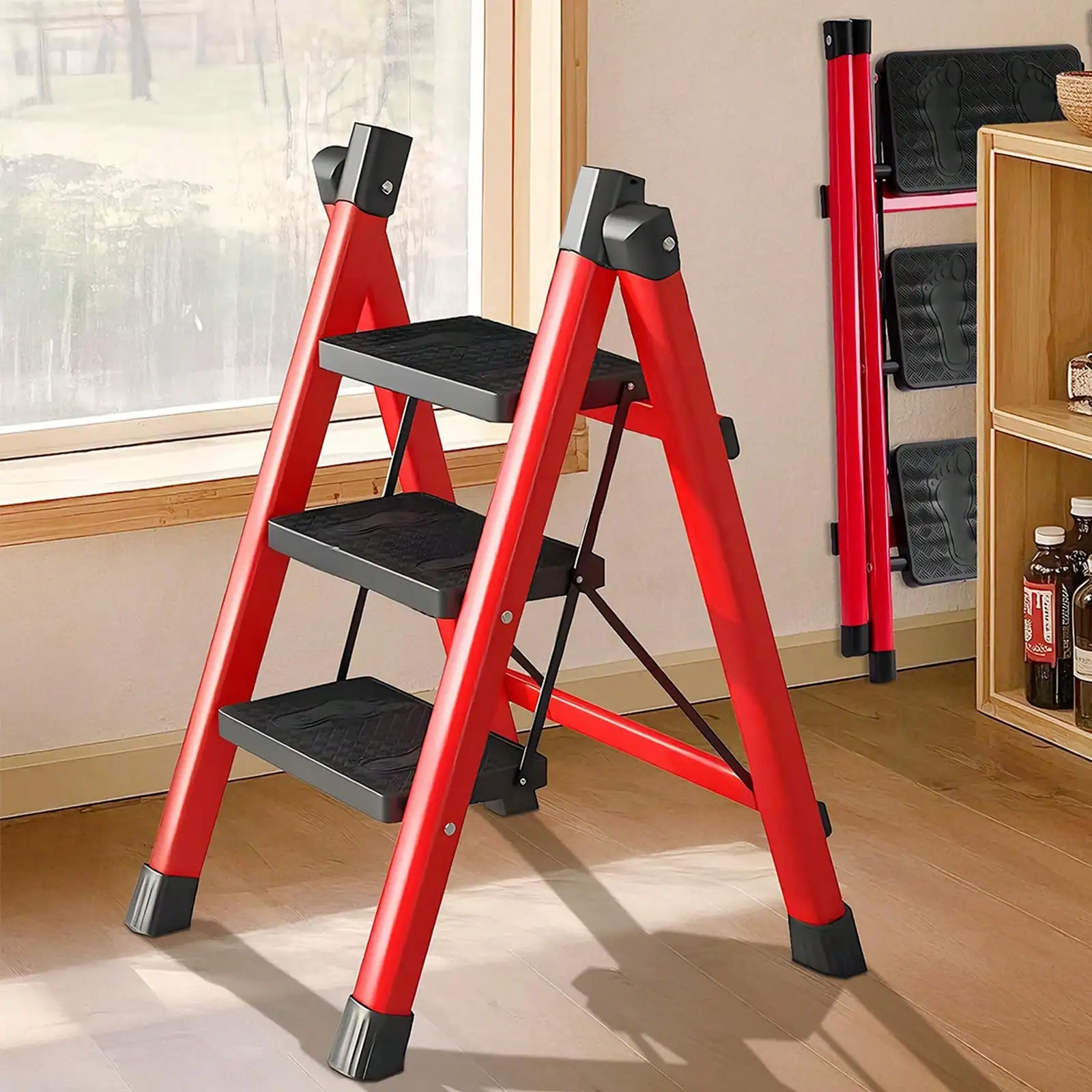 Folding 3 Step Ladder, Sturdy 330 Lbs Load Small Step Stool For Adults, Safer Full Steel Multi-Use Kitchen Ladder For Home, Closet Step Stool Ladder With Wide Pedals, Lightweight, Portable Steel Step Stool For Home Kitchen Library Office.