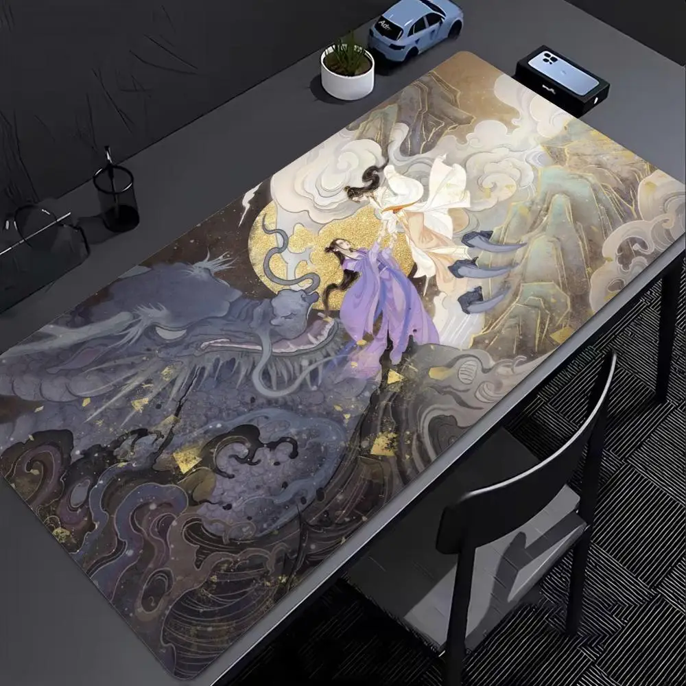 XXL Gaming Mat Keyboard Mouse Mat Table Protector Ancient Chinese Dunhuang Fairy Dragon Crane Lotus Non Slip Rubber Base