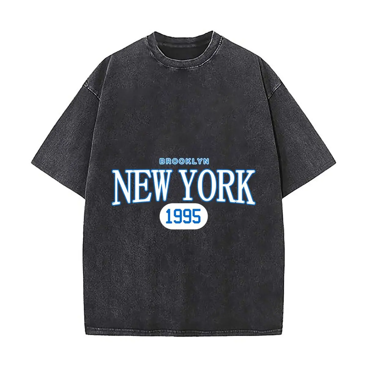 Brooklyn New York 1995 Blue Varsity Lettering Vintage Distressed Loose Streetwear Tops for Campus Days