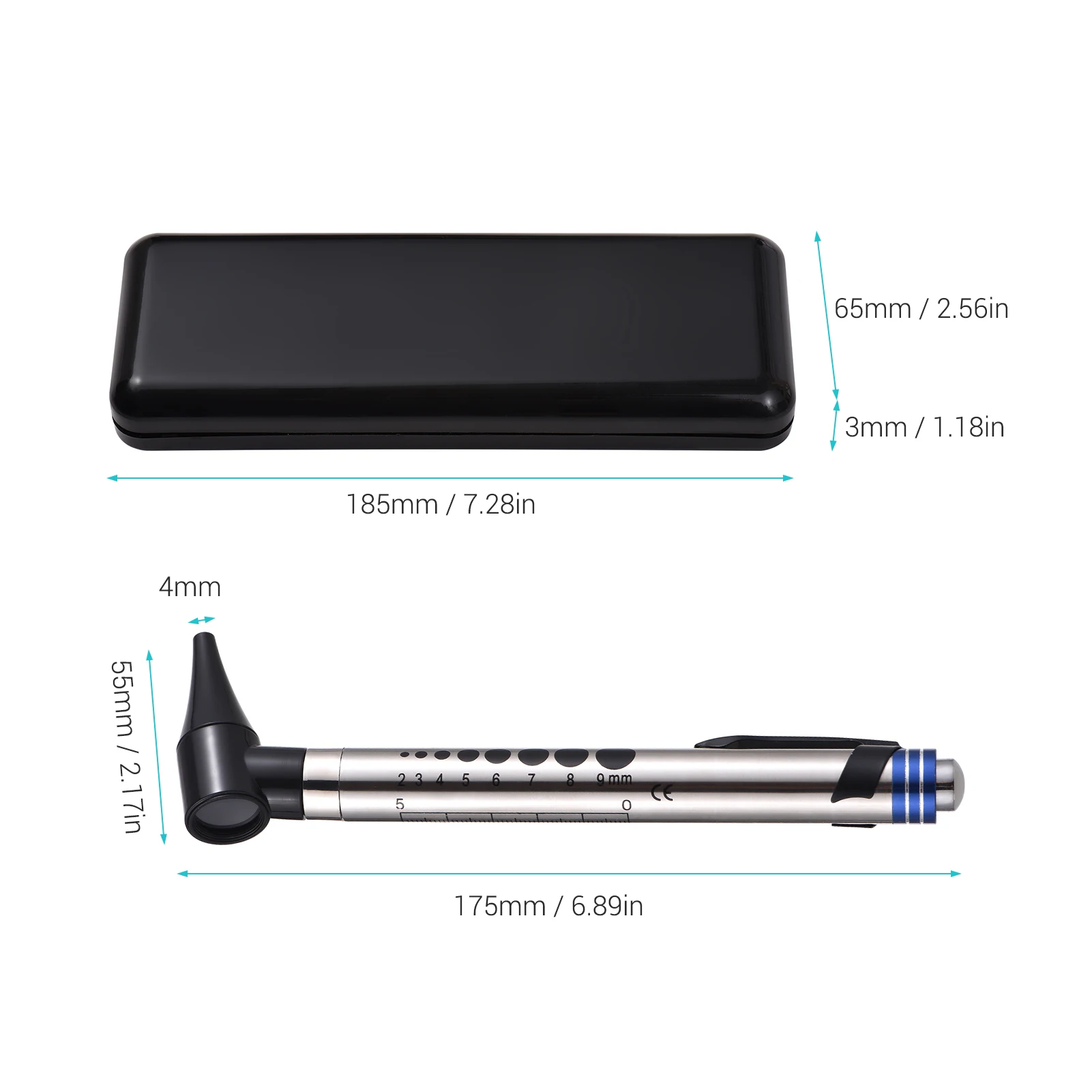 2 in 1 Otoscope and Eyes Diagnostic Tool Kit with LED Light 4mm Replaceable Ear Tips Portable Stainless Steel Handheld Optical